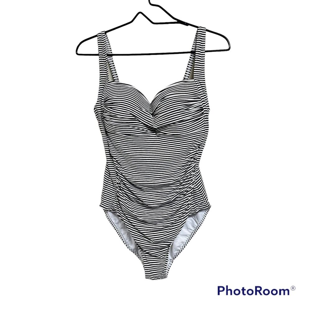 Niptuck Women's Twist Front Multi-Fit Cup Swimsuit Sz US 10 Black White Striped